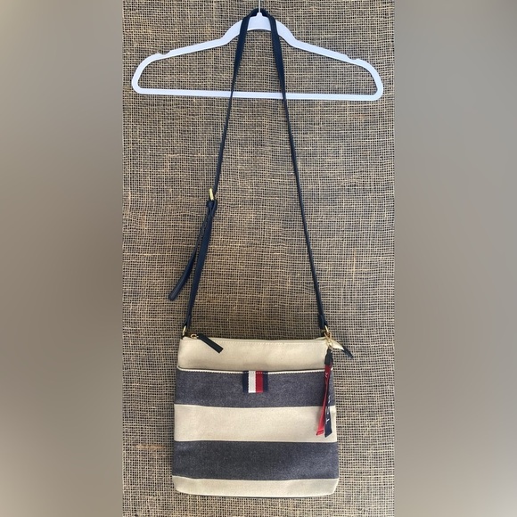 Tommy Hilfiger Canvas Crossbody/Shoulder Purse, Blue/Beige Striped, Adjustable - Picture 1 of 9